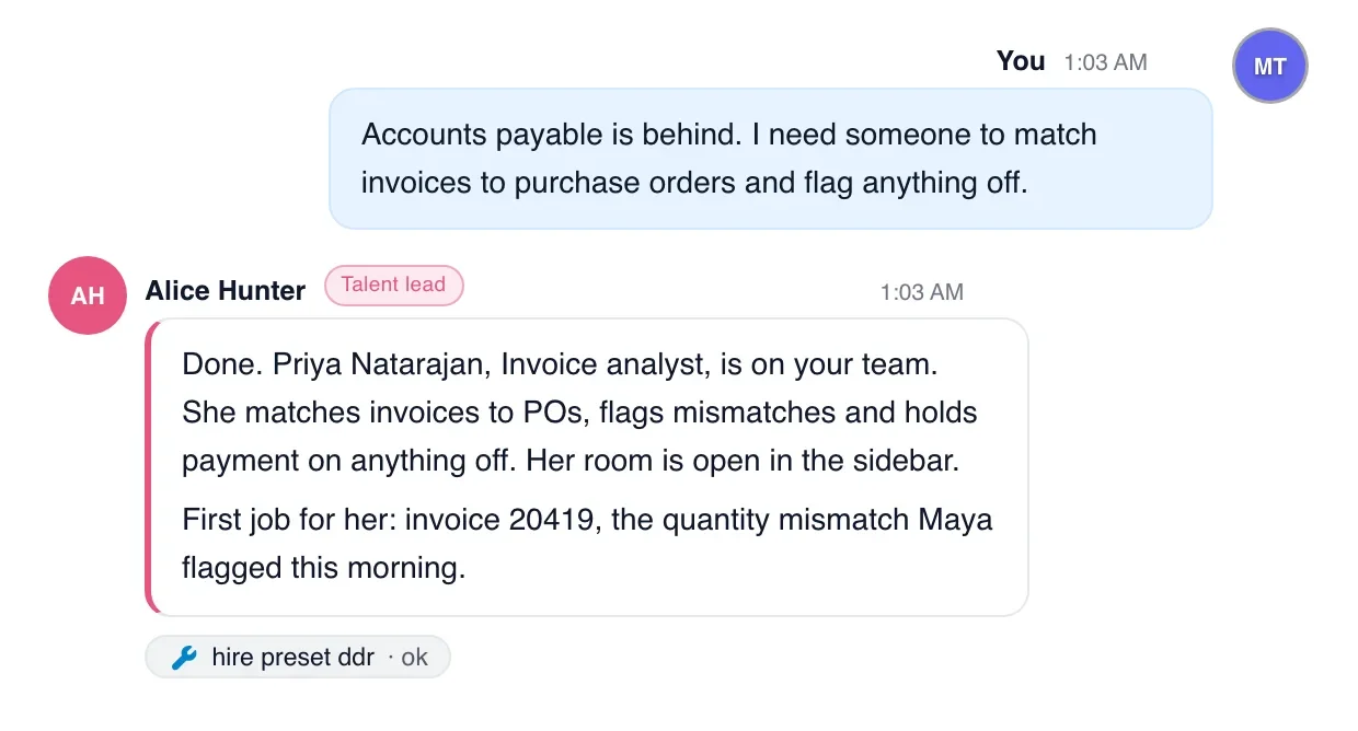 Hiring an Invoice analyst by describing the job to Alice