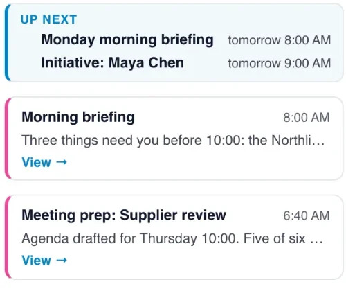 Activity rail with the morning briefing and meeting prep