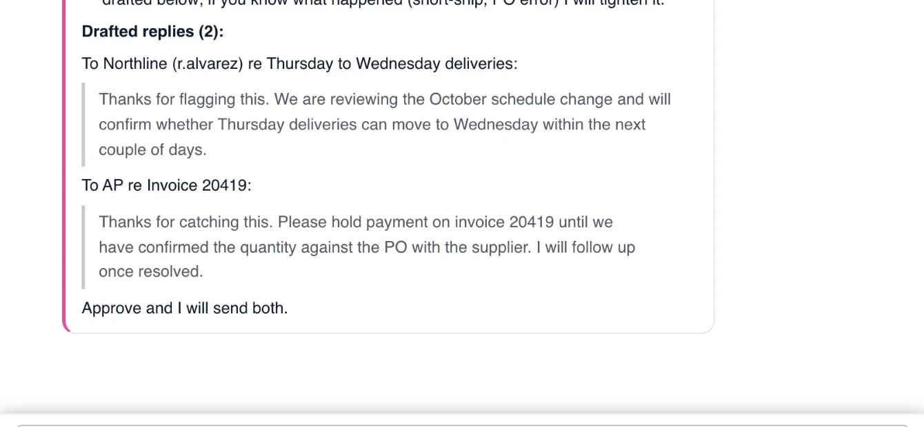 Assistant DDR drafting a supplier reply using a fact learned by Purchasing