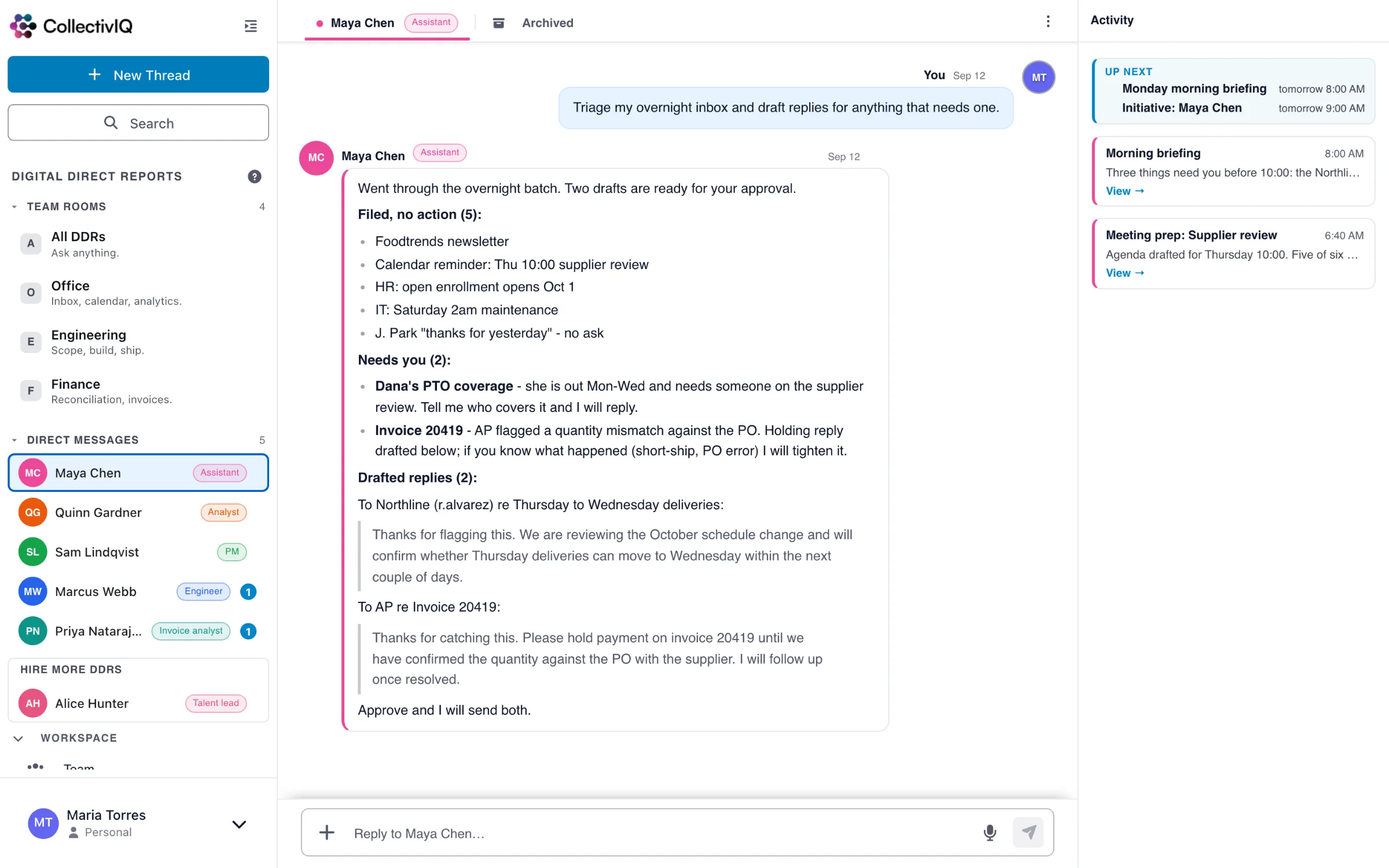 Assistant DDR triaging the overnight inbox with drafts held for approval