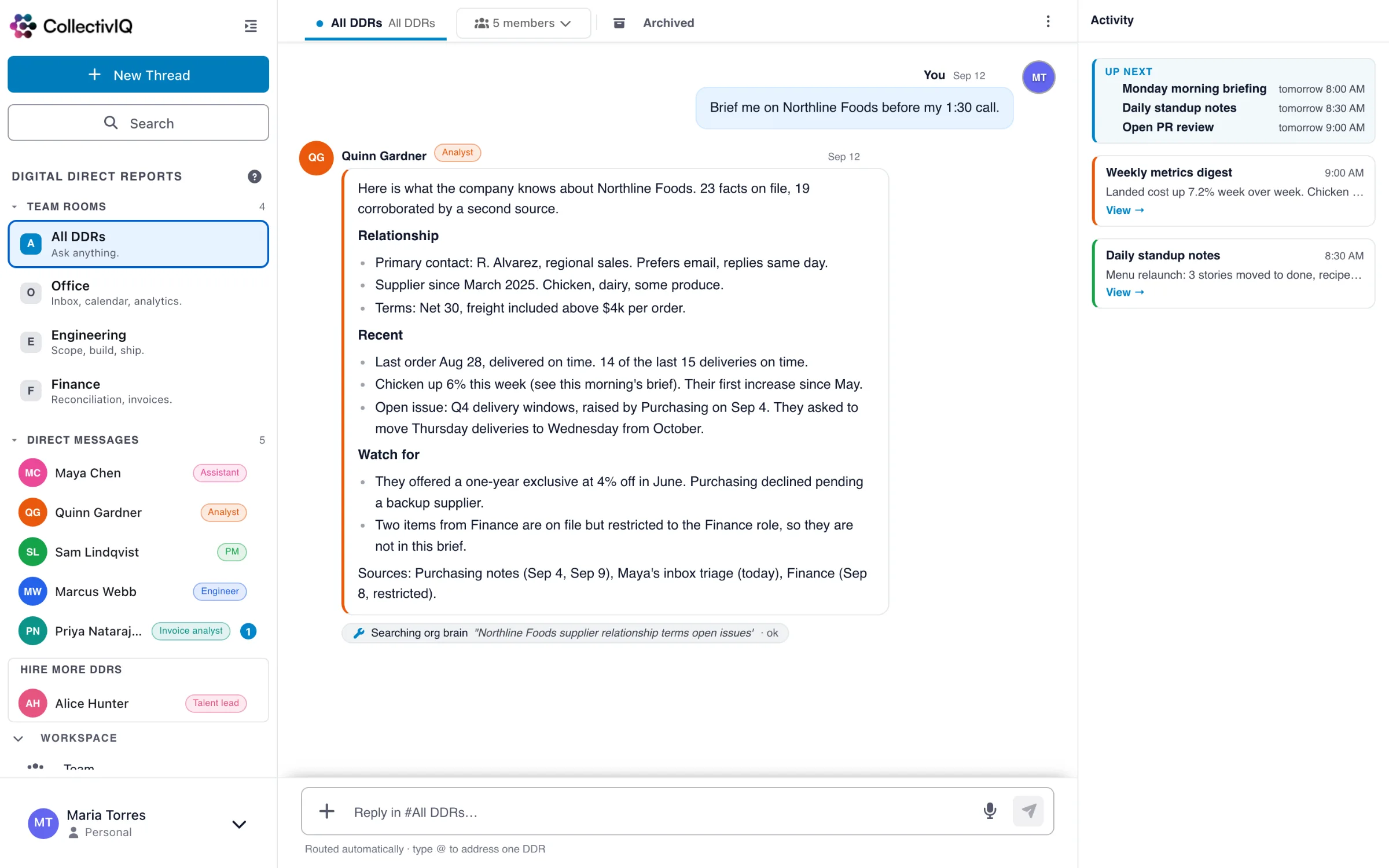 Analyst DDR briefing on a supplier using Gigabrain shared knowledge, with a source badge