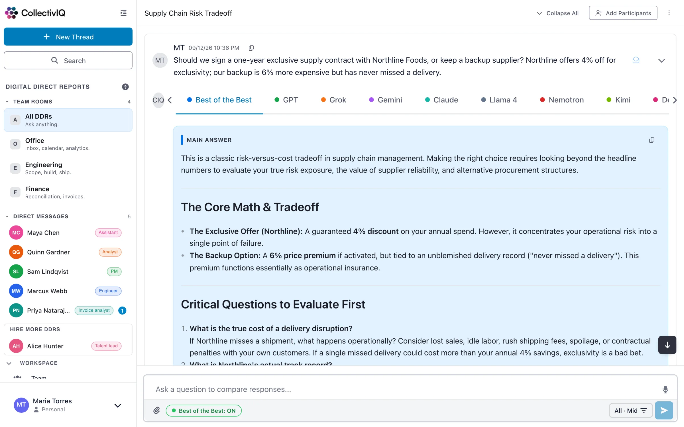 Chat comparing answers from ten model providers with agreements and disagreements